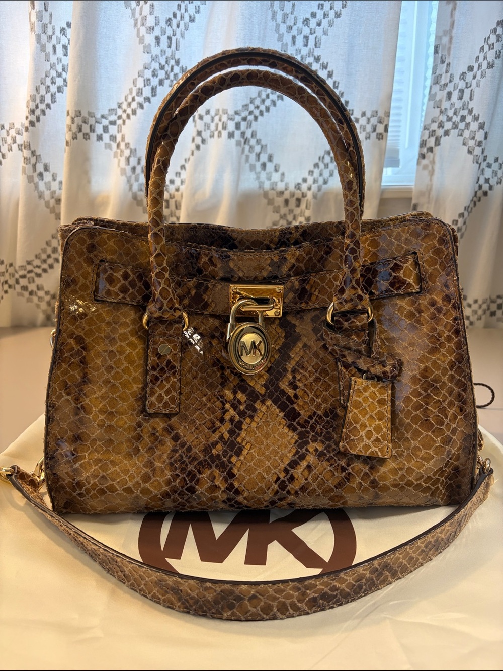 Michael Kors Hamilton Brown Python print/coated Suede Satchel with Gold Hardware
